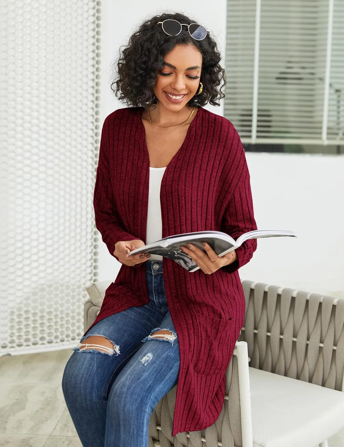 Womens Cardigan Sweater Lightweigh Long Sleeve Open Front Knit Oversized Cardigans with Pockets Trendy Spring Tops