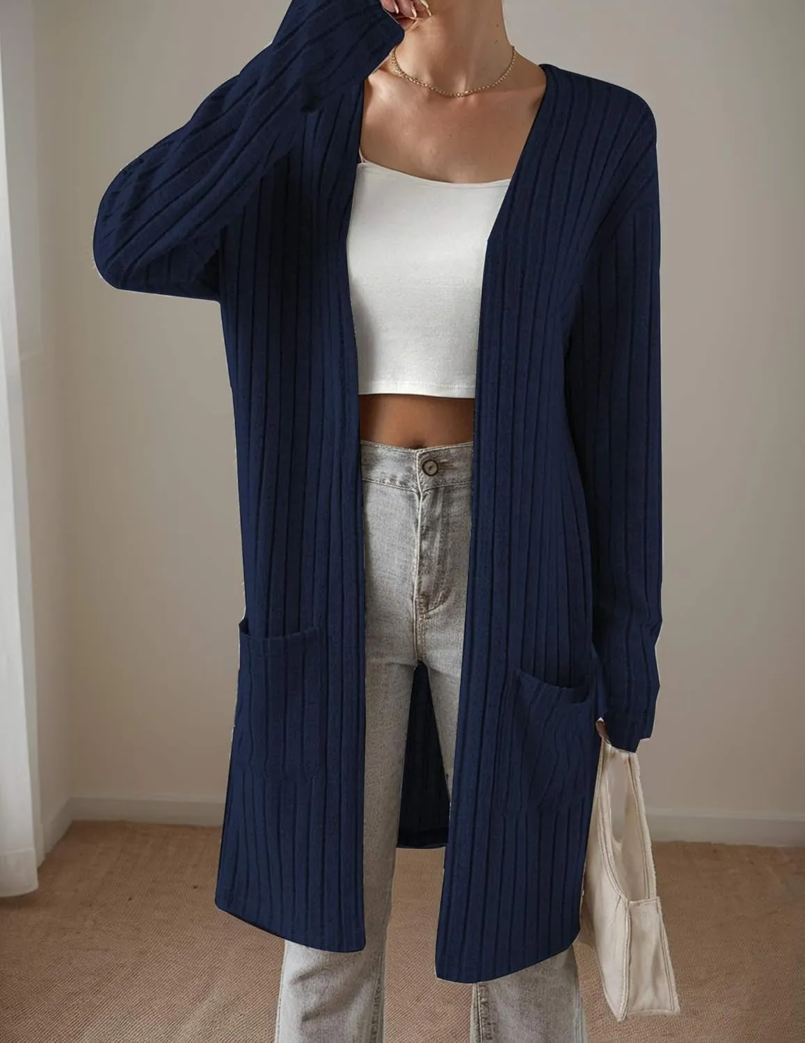 Womens Cardigan Sweater Lightweigh Long Sleeve Open Front Knit Oversized Cardigans with Pockets Trendy Spring Tops
