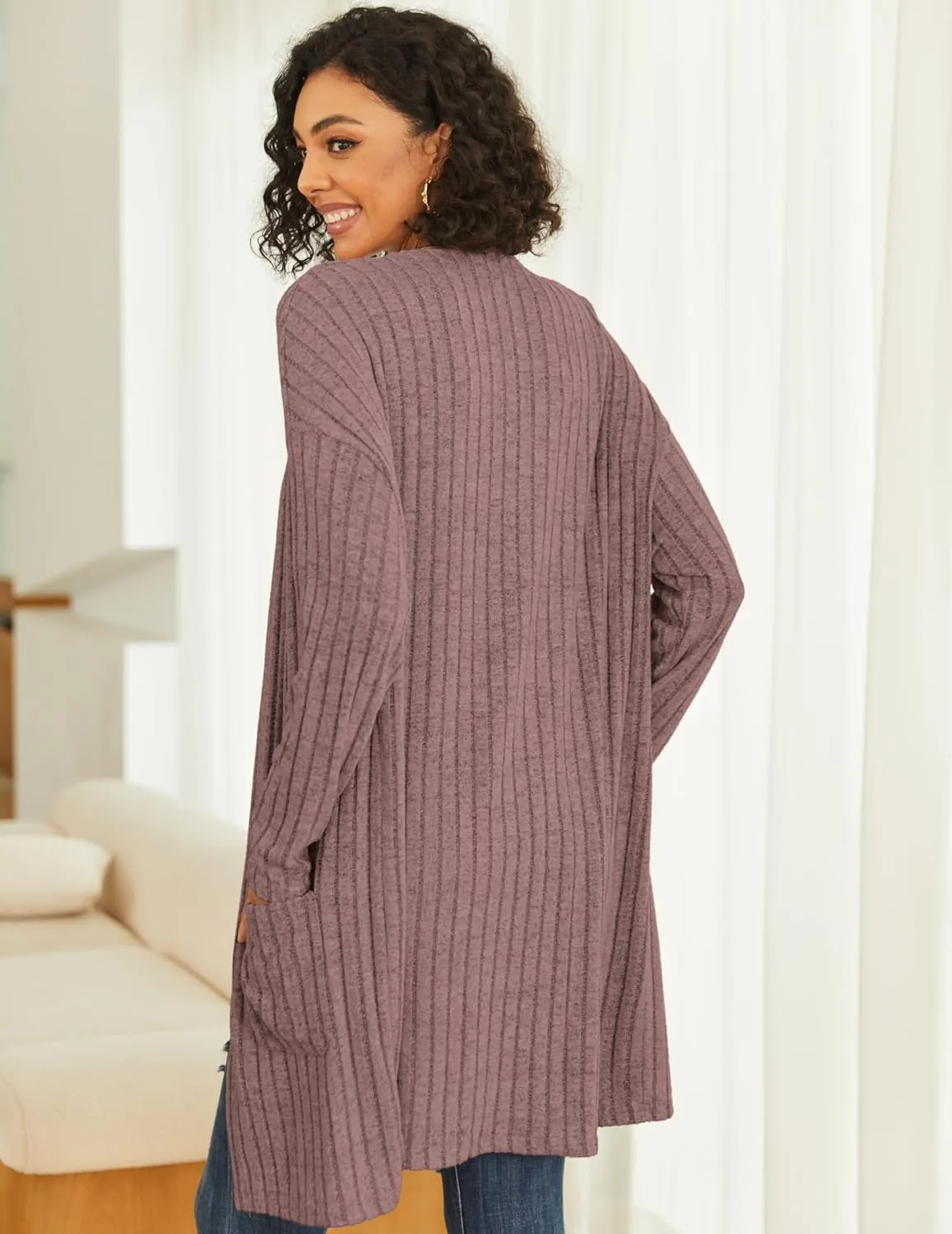 Womens Cardigan Sweater Lightweigh Long Sleeve Open Front Knit Oversized Cardigans with Pockets Trendy Spring Tops