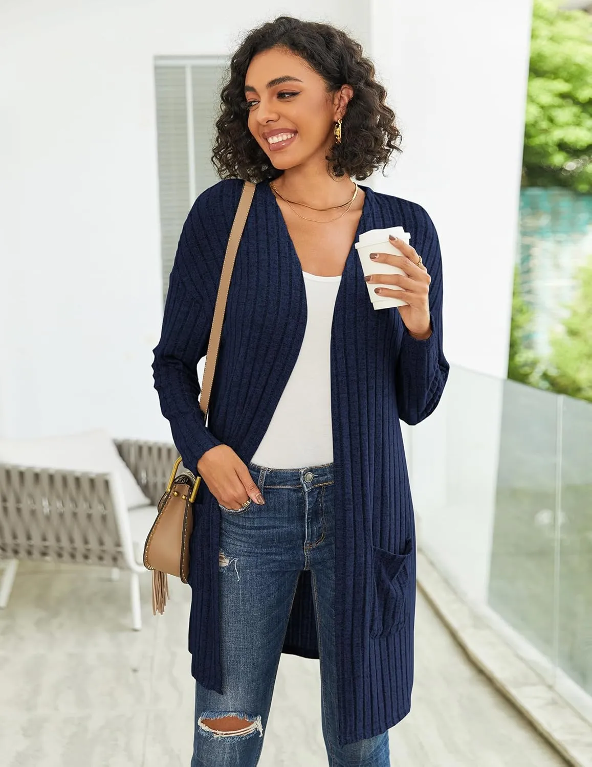 Womens Cardigan Sweater Lightweigh Long Sleeve Open Front Knit Oversized Cardigans with Pockets Trendy Spring Tops