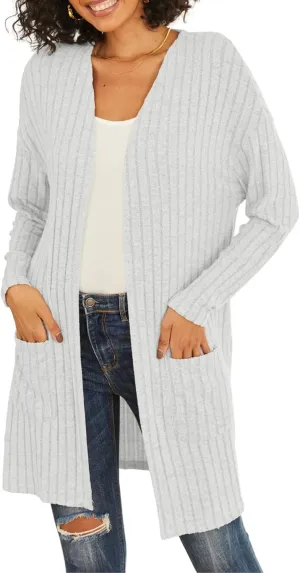 Womens Cardigan Sweater Lightweigh Long Sleeve Open Front Knit Oversized Cardigans with Pockets Trendy Spring Tops