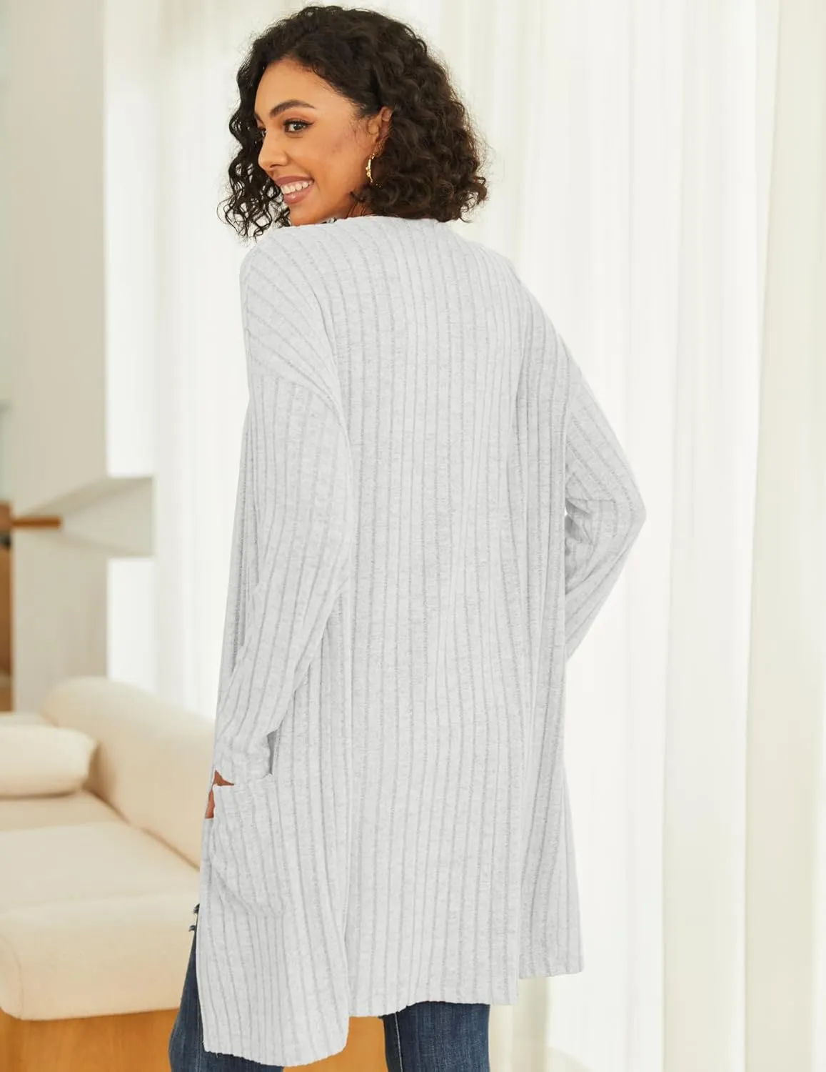Womens Cardigan Sweater Lightweigh Long Sleeve Open Front Knit Oversized Cardigans with Pockets Trendy Spring Tops