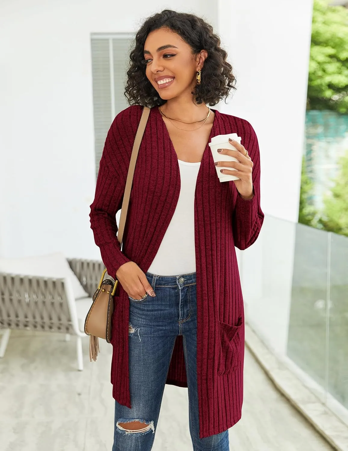 Womens Cardigan Sweater Lightweigh Long Sleeve Open Front Knit Oversized Cardigans with Pockets Trendy Spring Tops