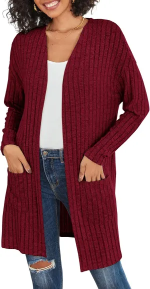Womens Cardigan Sweater Lightweigh Long Sleeve Open Front Knit Oversized Cardigans with Pockets Trendy Spring Tops