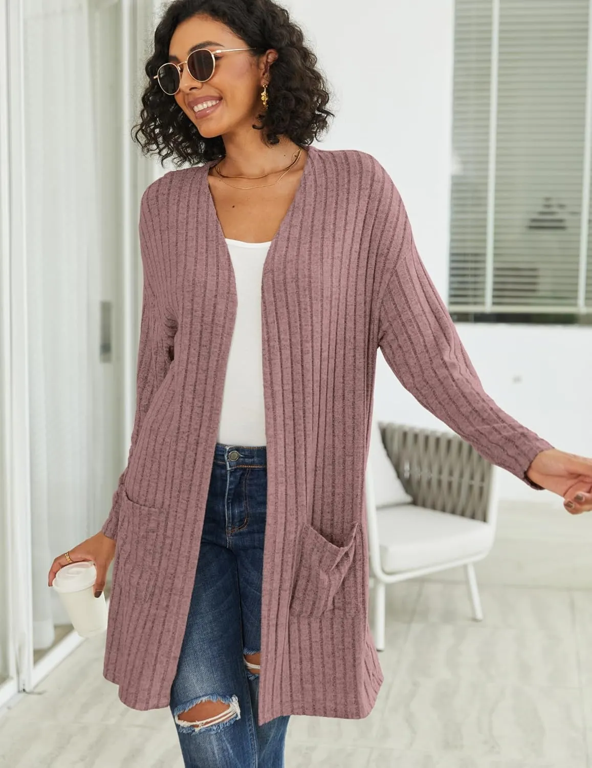 Womens Cardigan Sweater Lightweigh Long Sleeve Open Front Knit Oversized Cardigans with Pockets Trendy Spring Tops