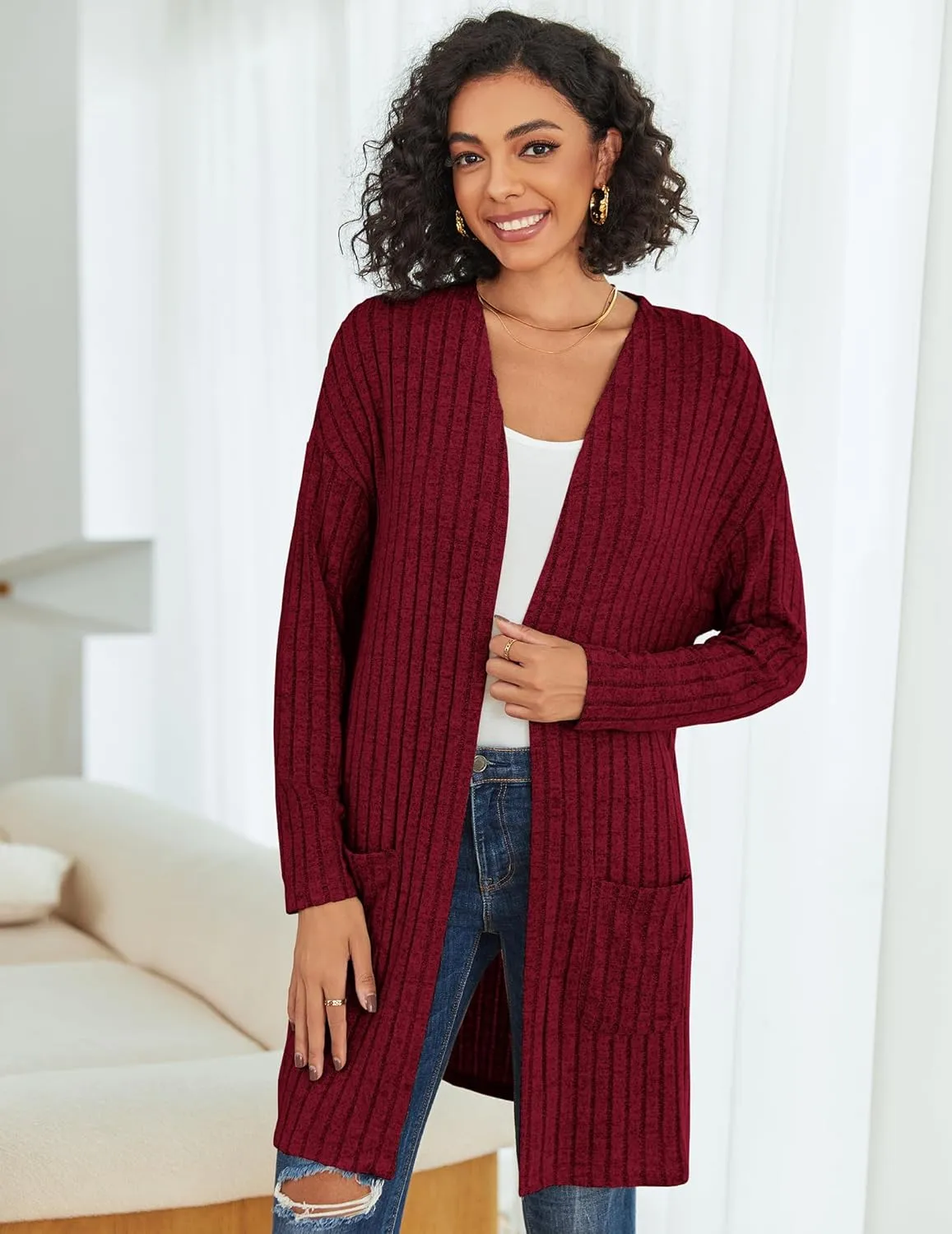 Womens Cardigan Sweater Lightweigh Long Sleeve Open Front Knit Oversized Cardigans with Pockets Trendy Spring Tops