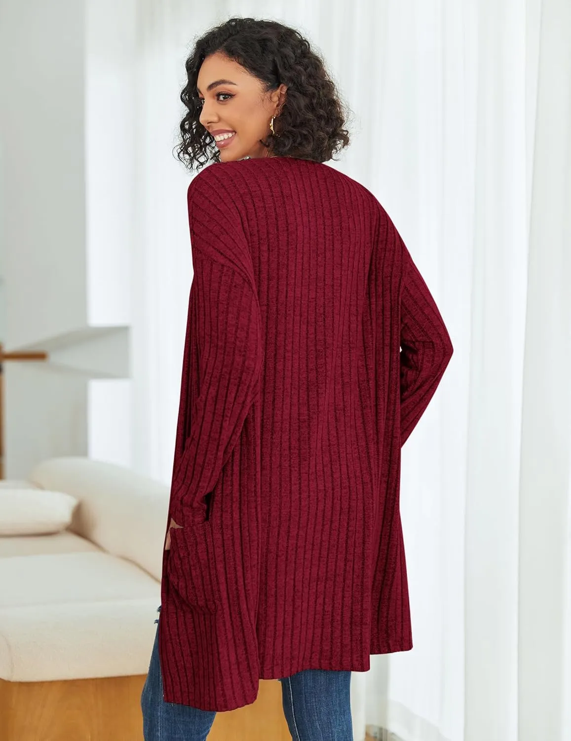 Womens Cardigan Sweater Lightweigh Long Sleeve Open Front Knit Oversized Cardigans with Pockets Trendy Spring Tops