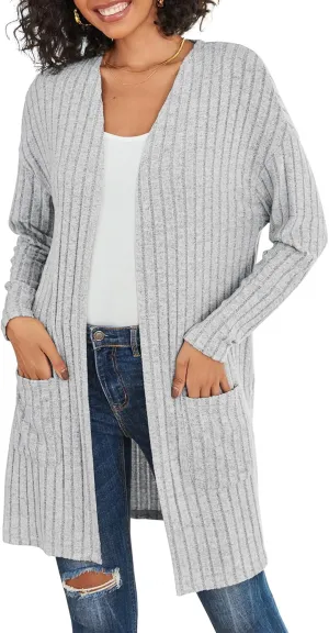 Womens Cardigan Sweater Lightweigh Long Sleeve Open Front Knit Oversized Cardigans with Pockets Trendy Spring Tops