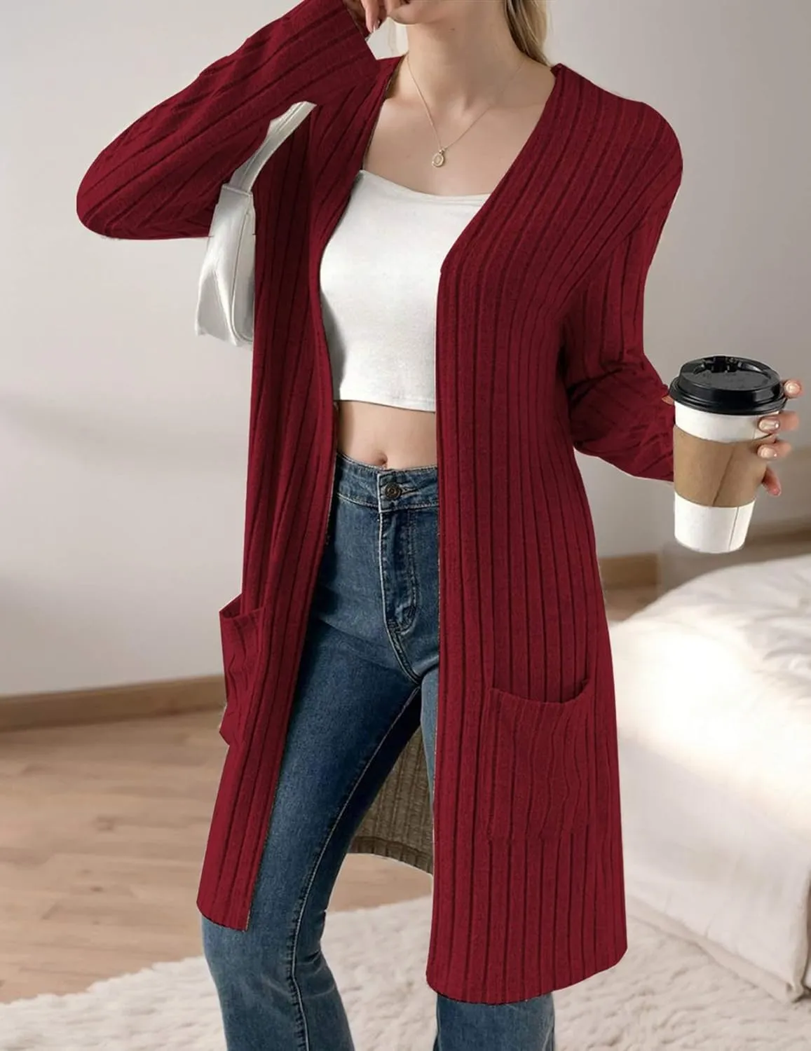 Womens Cardigan Sweater Lightweigh Long Sleeve Open Front Knit Oversized Cardigans with Pockets Trendy Spring Tops