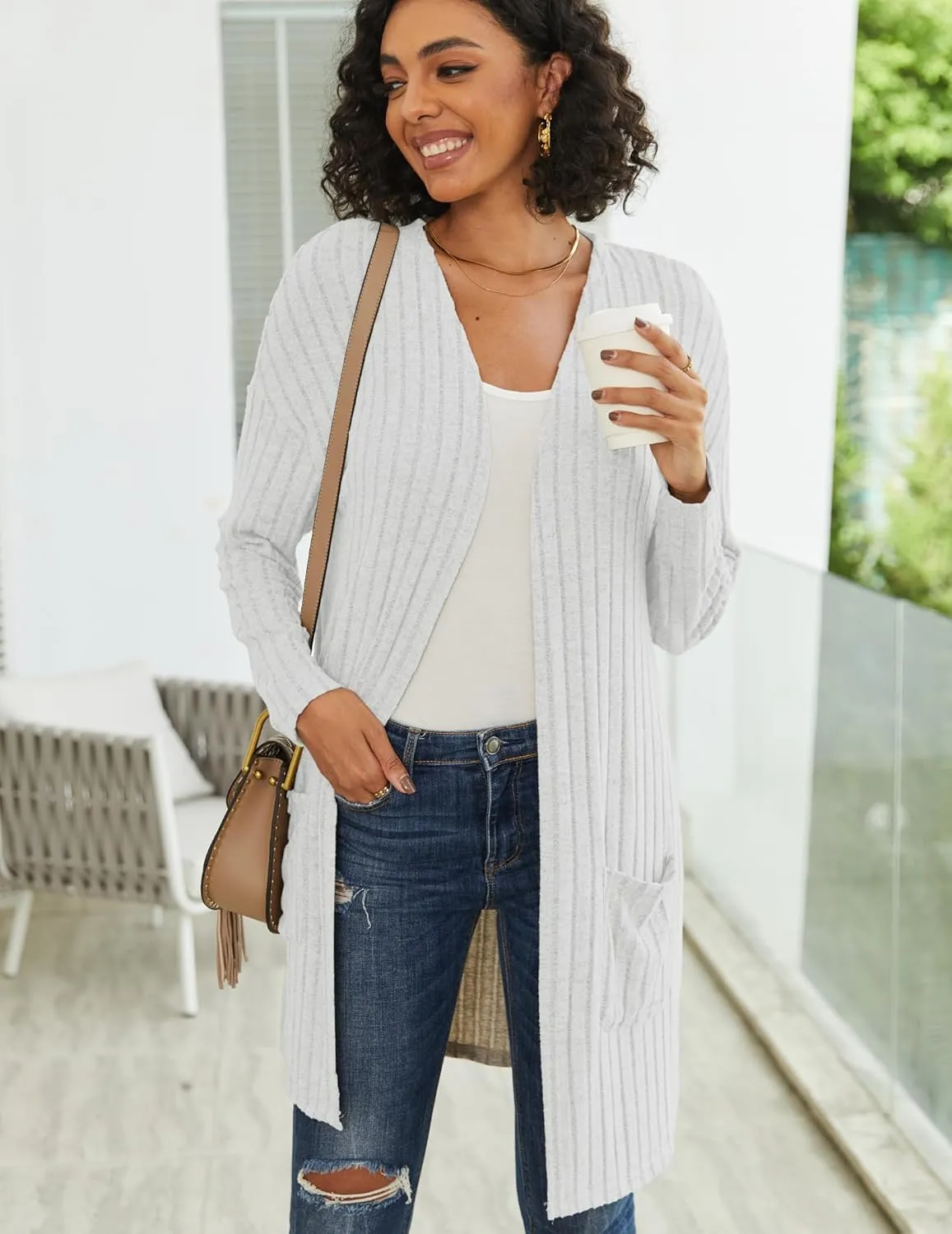 Womens Cardigan Sweater Lightweigh Long Sleeve Open Front Knit Oversized Cardigans with Pockets Trendy Spring Tops