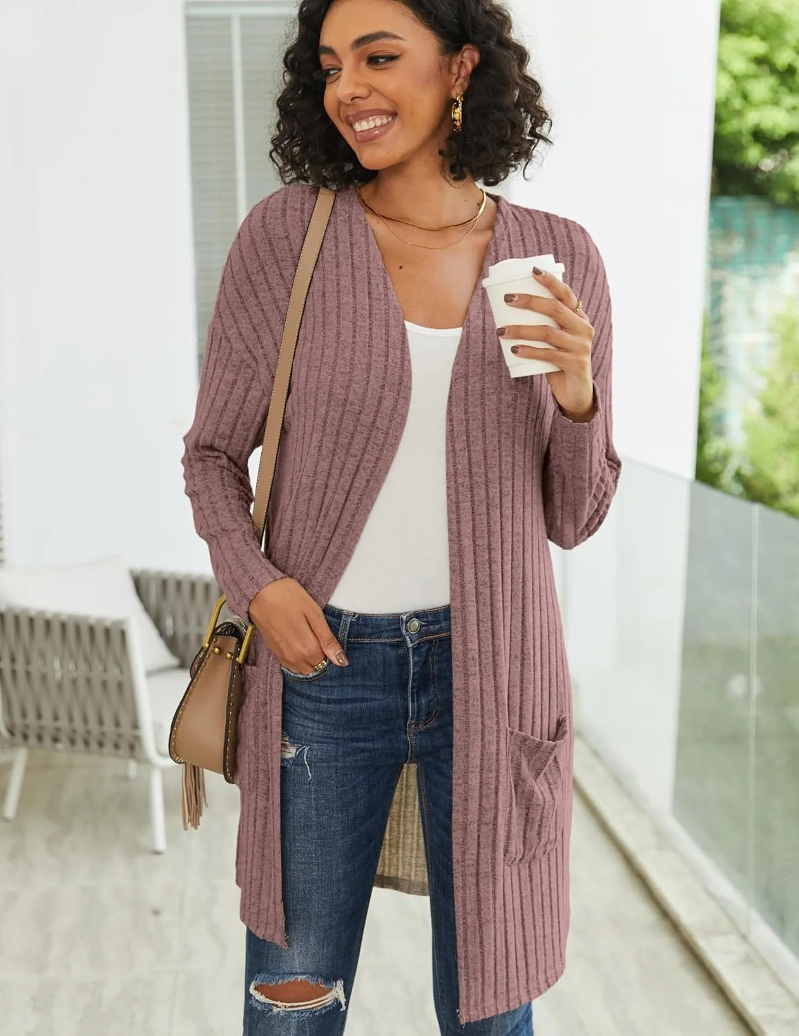 Womens Cardigan Sweater Lightweigh Long Sleeve Open Front Knit Oversized Cardigans with Pockets Trendy Spring Tops