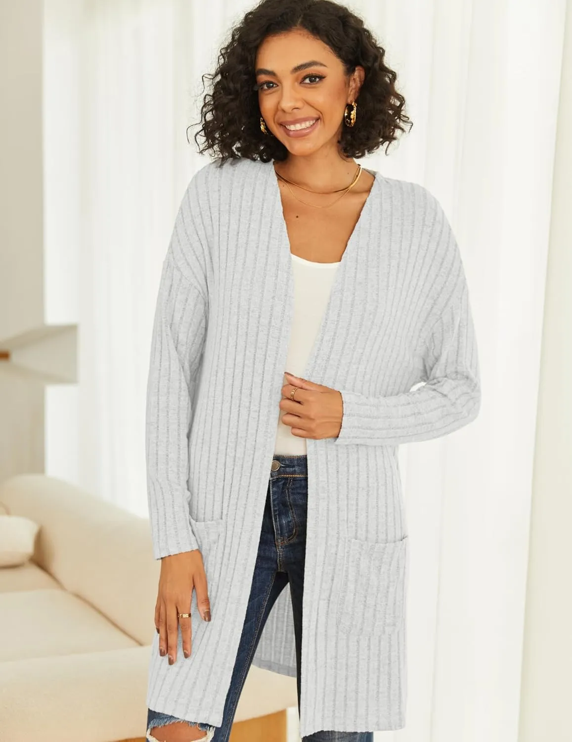 Womens Cardigan Sweater Lightweigh Long Sleeve Open Front Knit Oversized Cardigans with Pockets Trendy Spring Tops