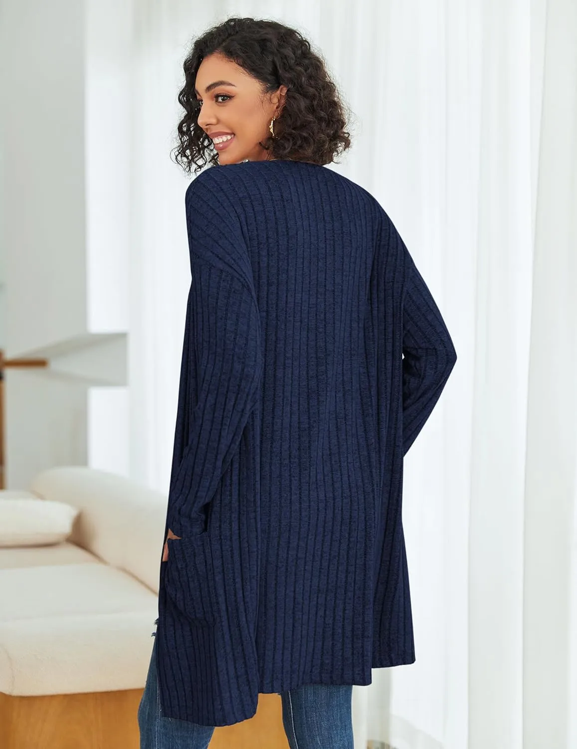 Womens Cardigan Sweater Lightweigh Long Sleeve Open Front Knit Oversized Cardigans with Pockets Trendy Spring Tops
