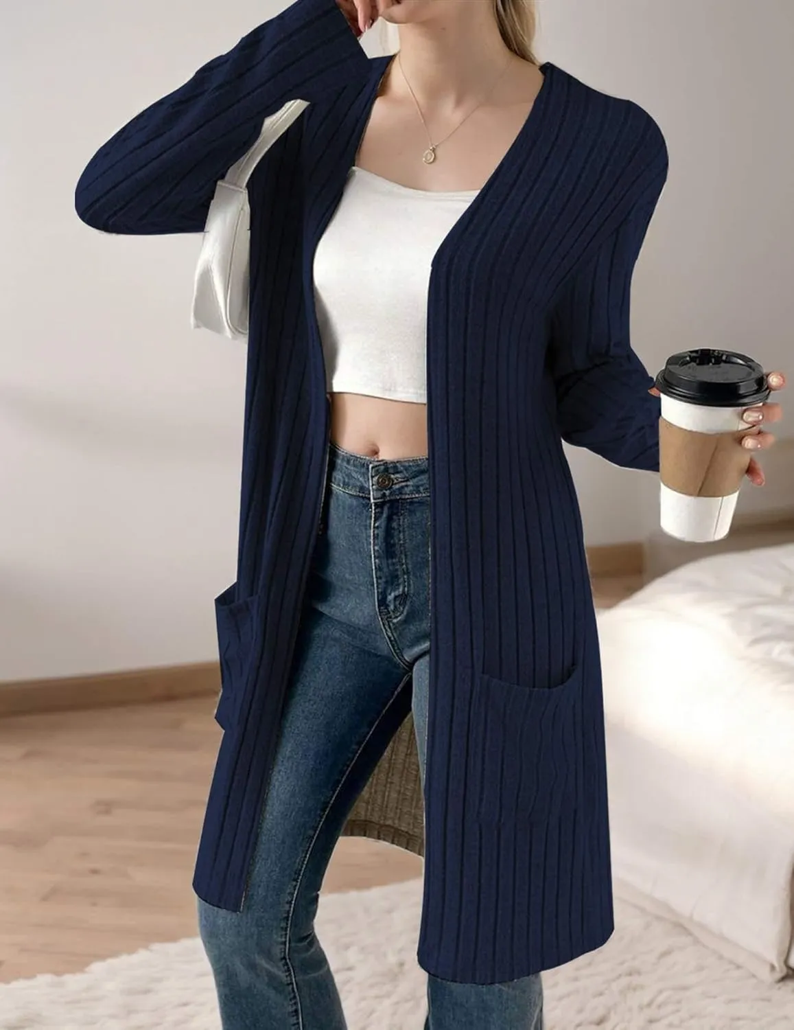Womens Cardigan Sweater Lightweigh Long Sleeve Open Front Knit Oversized Cardigans with Pockets Trendy Spring Tops