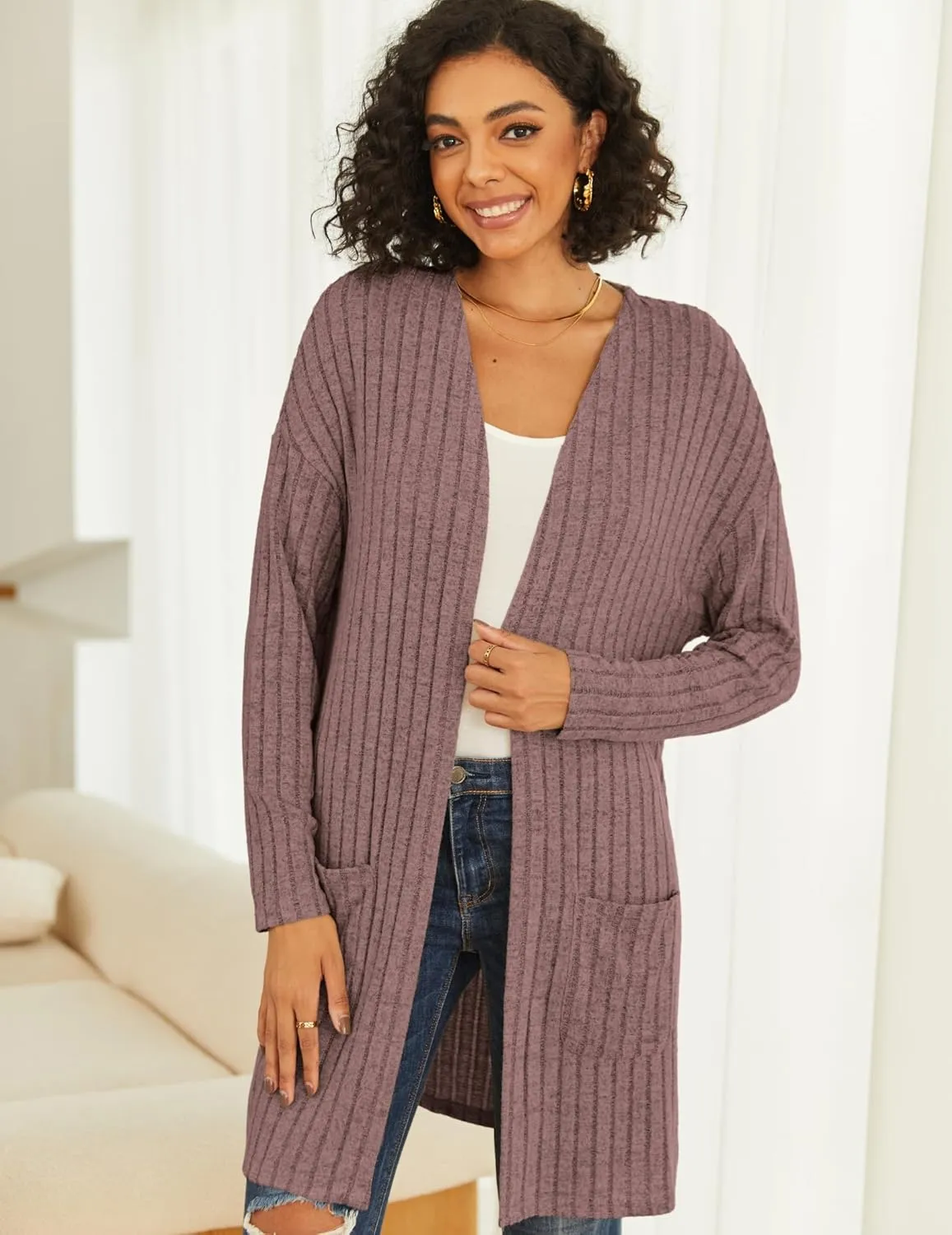 Womens Cardigan Sweater Lightweigh Long Sleeve Open Front Knit Oversized Cardigans with Pockets Trendy Spring Tops