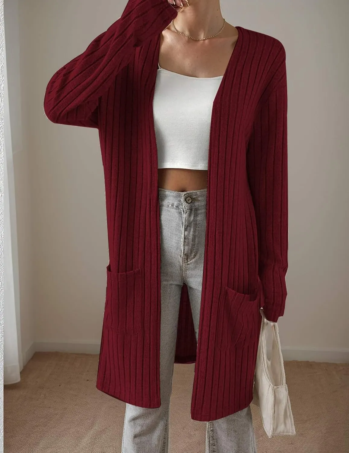 Womens Cardigan Sweater Lightweigh Long Sleeve Open Front Knit Oversized Cardigans with Pockets Trendy Spring Tops