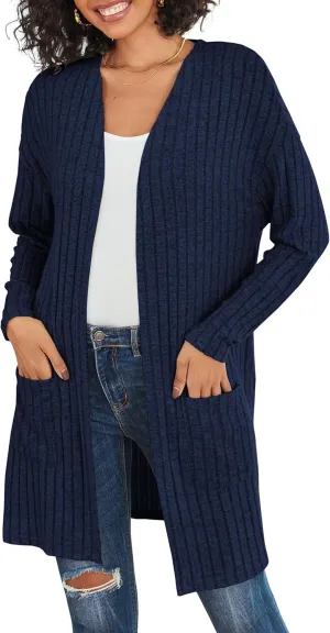 Womens Cardigan Sweater Lightweigh Long Sleeve Open Front Knit Oversized Cardigans with Pockets Trendy Spring Tops