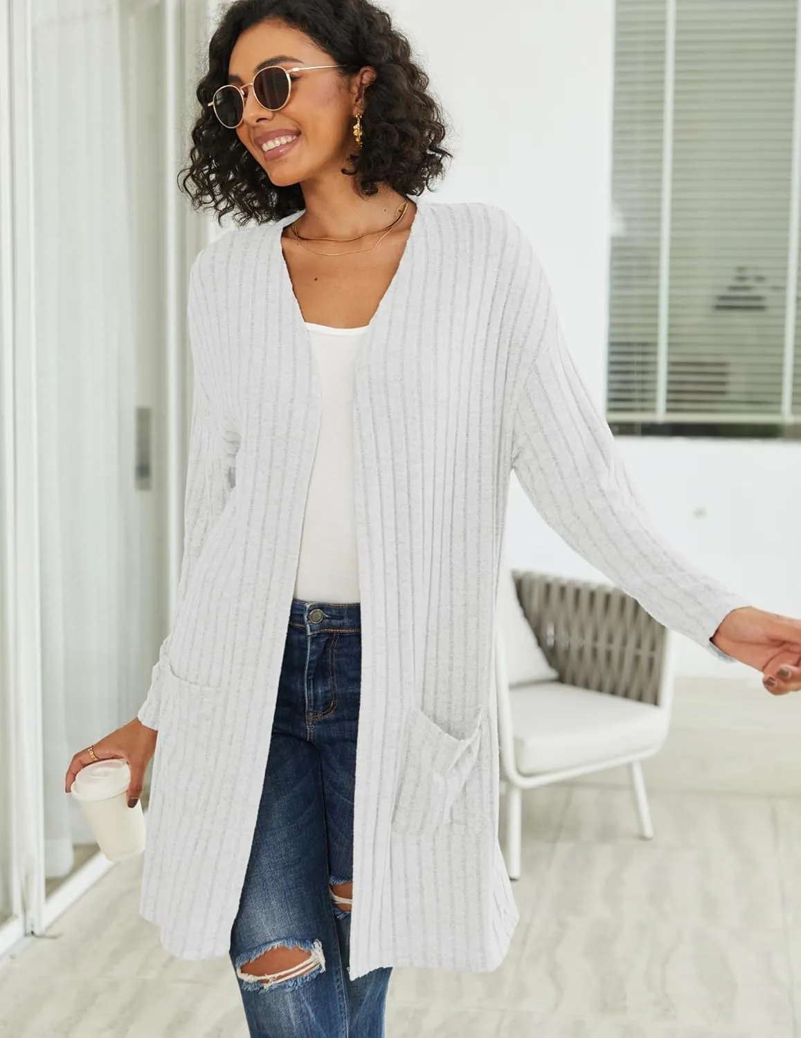 Womens Cardigan Sweater Lightweigh Long Sleeve Open Front Knit Oversized Cardigans with Pockets Trendy Spring Tops