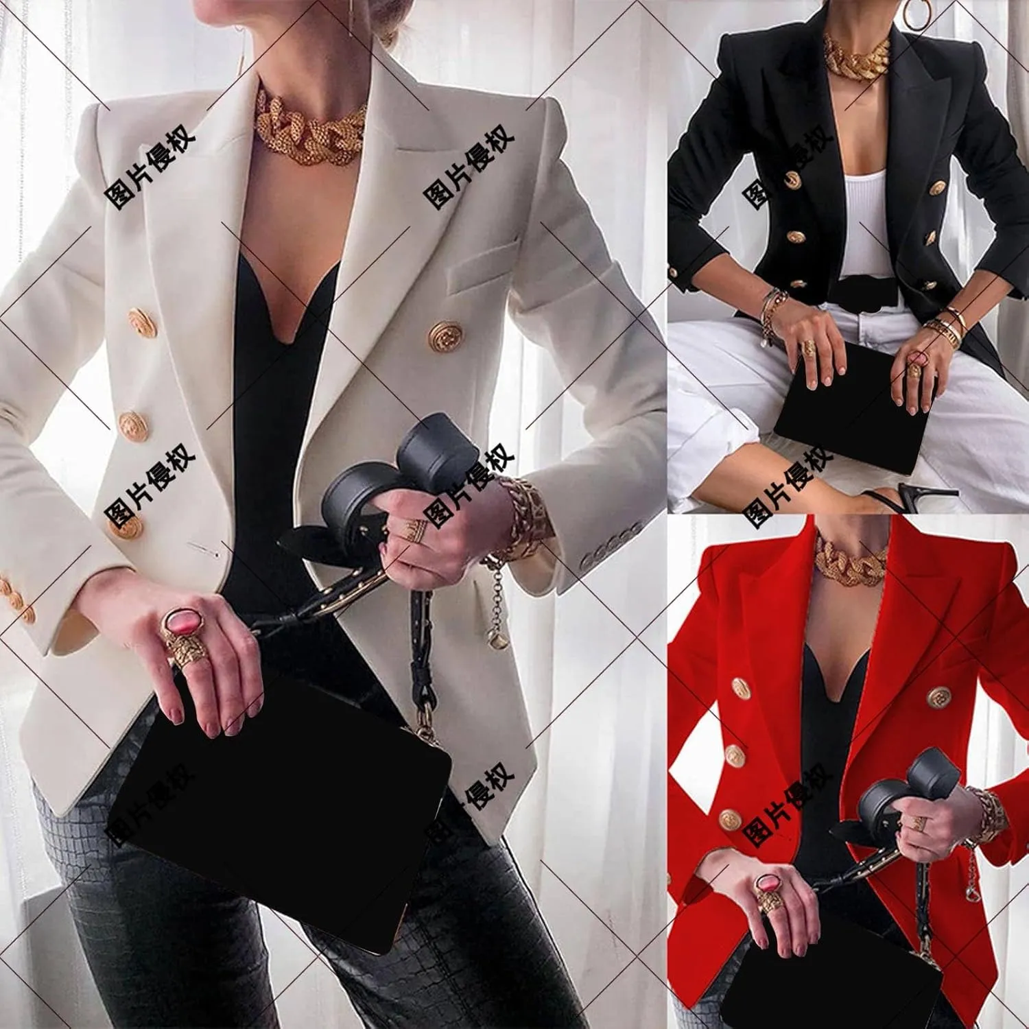 Womens Casual Blazer Jacket Gold Button Blazers Double Breasted Professional Clothes Fashion Casual Blazer