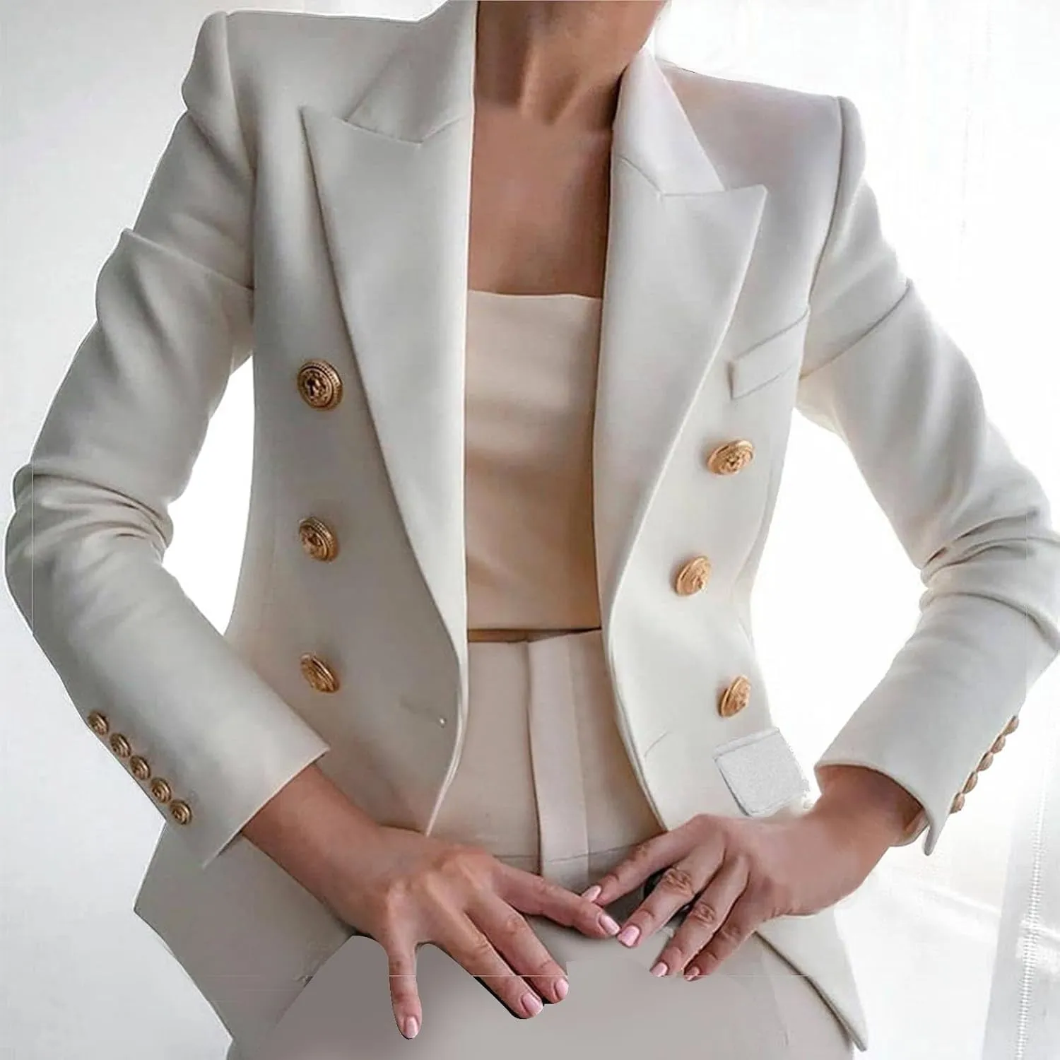 Womens Casual Blazer Jacket Gold Button Blazers Double Breasted Professional Clothes Fashion Casual Blazer