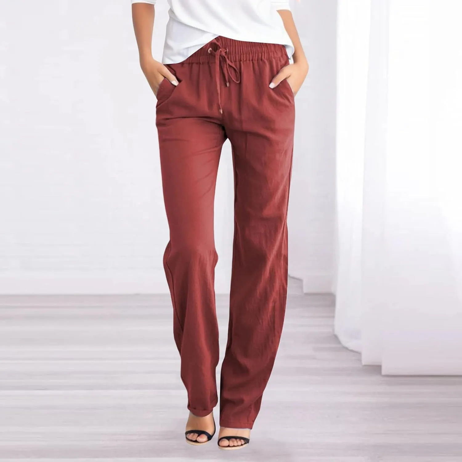Womens Casual Cotton Linen High Waist Pants Drawstring Loose Fit Summer Pants Straight Leg Lounge Trousers with Side Pockets