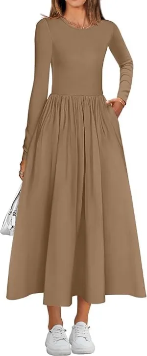 Women's Casual Fashion Waist Long Sleeve Bohemian Dress Flowy Beach Midi Dresses Party Wedding Guest Flowy Dress