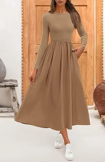 Women's Casual Fashion Waist Long Sleeve Bohemian Dress Flowy Beach Midi Dresses Party Wedding Guest Flowy Dress
