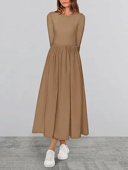 Women's Casual Fashion Waist Long Sleeve Bohemian Dress Flowy Beach Midi Dresses Party Wedding Guest Flowy Dress