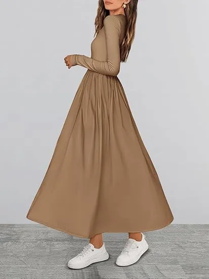 Women's Casual Fashion Waist Long Sleeve Bohemian Dress Flowy Beach Midi Dresses Party Wedding Guest Flowy Dress