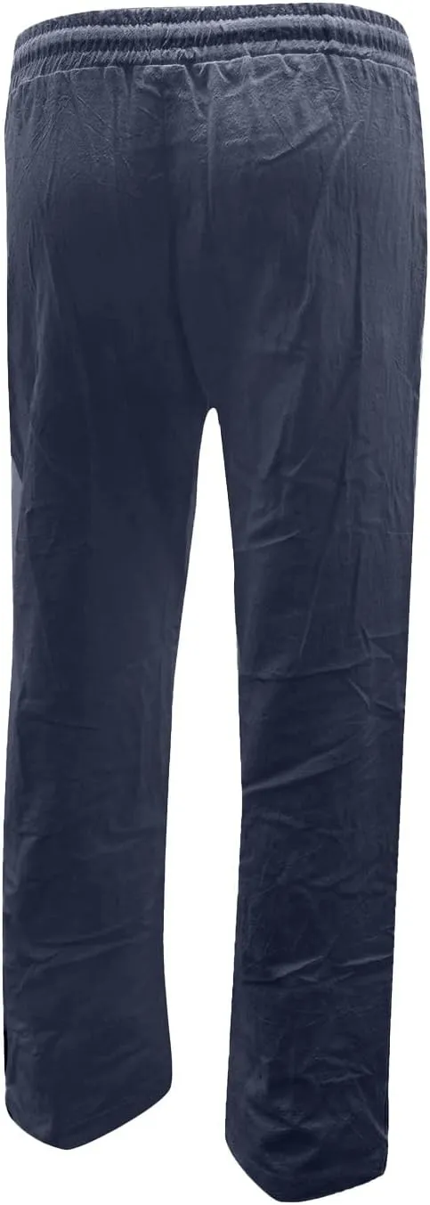 Womens Casual Linen High Waist Pants Drawstring Loose Fit Summer Pants Straight Leg Trousers with Side Pockets