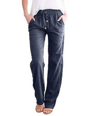 Womens Casual Linen High Waist Pants Drawstring Loose Fit Summer Pants Straight Leg Trousers with Side Pockets