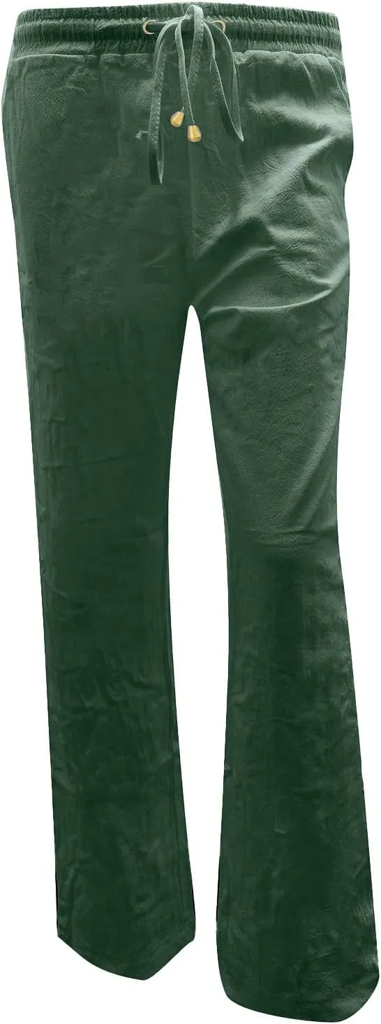Womens Casual Linen High Waist Pants Drawstring Loose Fit Summer Pants Straight Leg Trousers with Side Pockets
