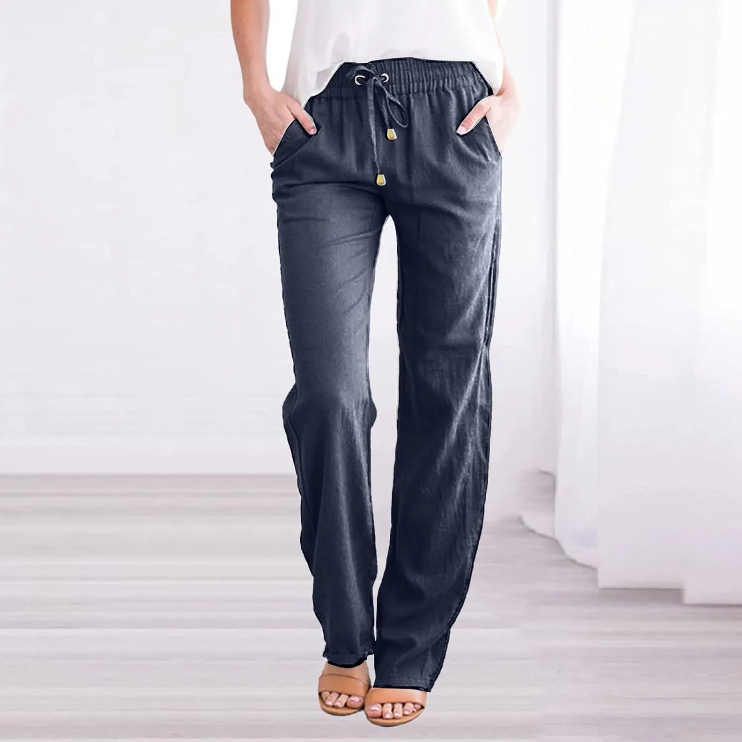 Womens Casual Linen High Waist Pants Drawstring Loose Fit Summer Pants Straight Leg Trousers with Side Pockets
