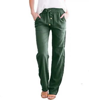 Womens Casual Linen High Waist Pants Drawstring Loose Fit Summer Pants Straight Leg Trousers with Side Pockets