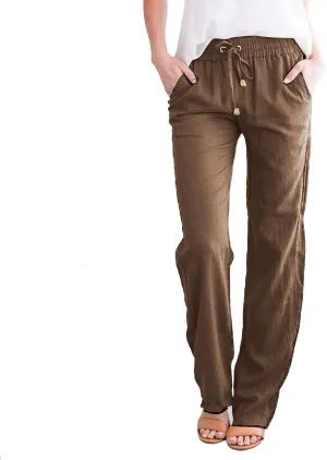 Womens Casual Linen High Waist Pants Drawstring Loose Fit Summer Pants Straight Leg Trousers with Side Pockets