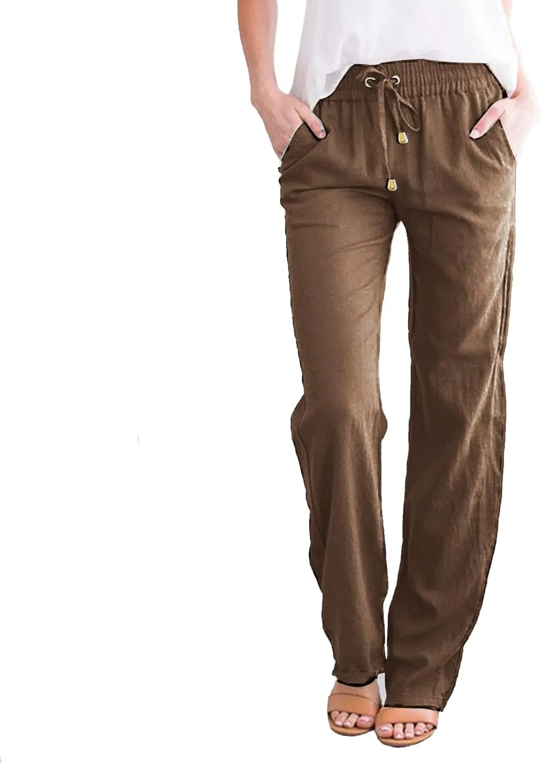 Womens Casual Linen High Waist Pants Drawstring Loose Fit Summer Pants Straight Leg Trousers with Side Pockets