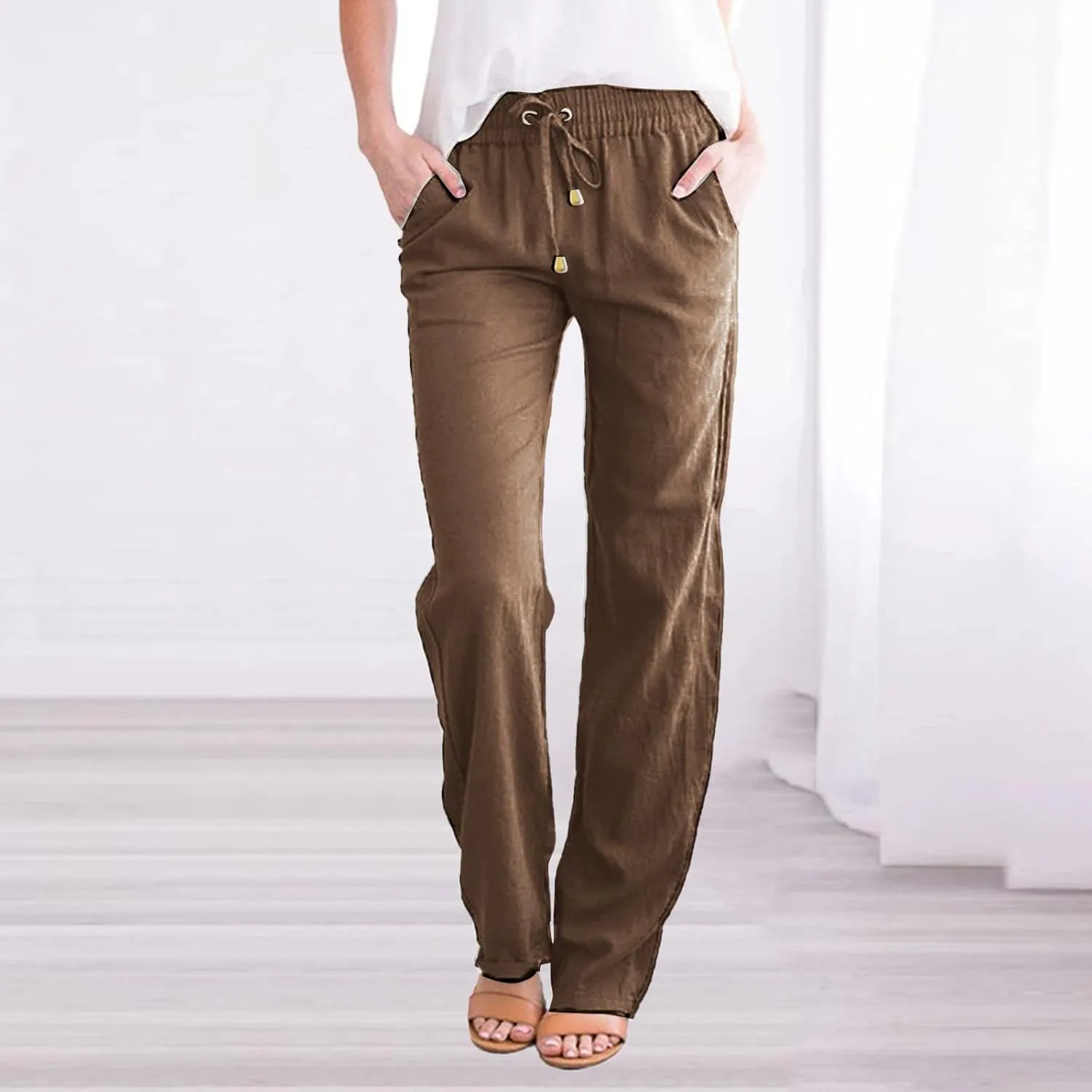 Womens Casual Linen High Waist Pants Drawstring Loose Fit Summer Pants Straight Leg Trousers with Side Pockets