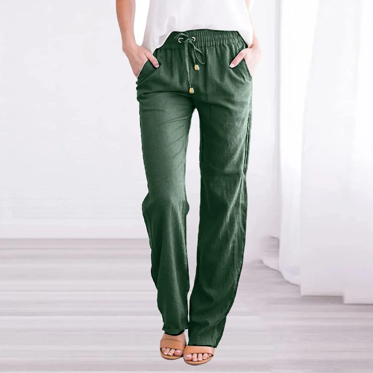 Womens Casual Linen High Waist Pants Drawstring Loose Fit Summer Pants Straight Leg Trousers with Side Pockets