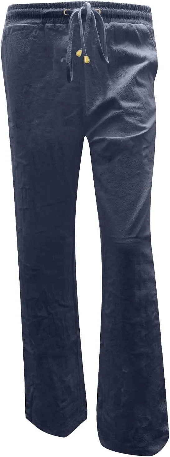 Womens Casual Linen High Waist Pants Drawstring Loose Fit Summer Pants Straight Leg Trousers with Side Pockets