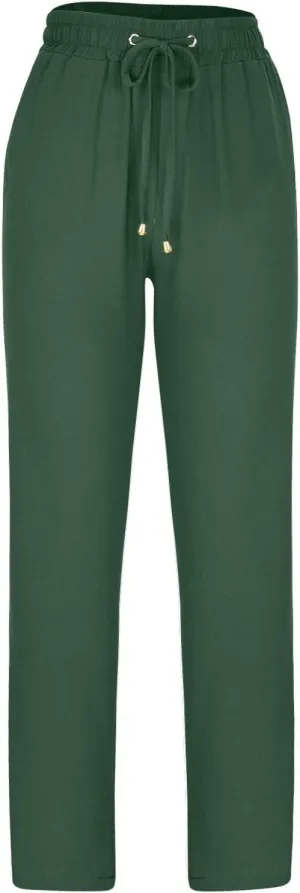 Womens Casual Linen High Waist Pants Drawstring Straight Leg Beach Pants with Side Pocket Loose Fit Summer Trousers