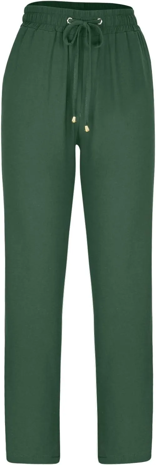 Womens Casual Linen High Waist Pants Drawstring Straight Leg Beach Pants with Side Pocket Loose Fit Summer Trousers