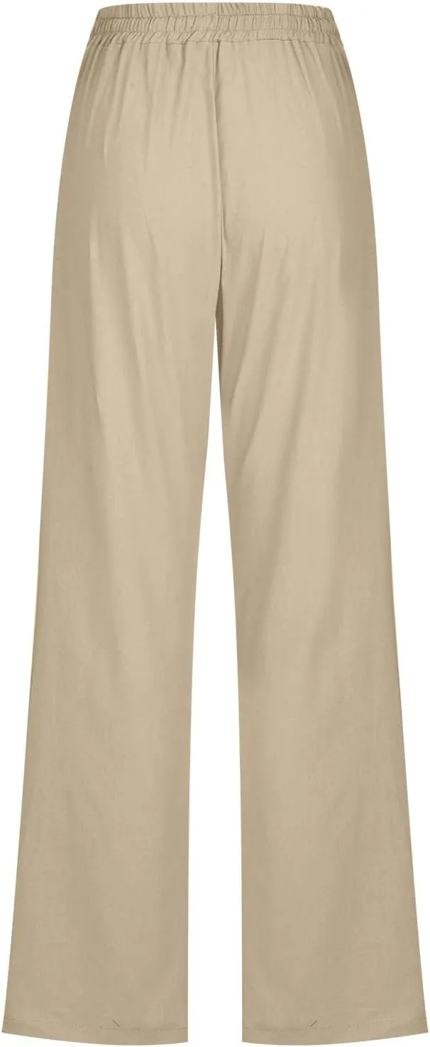 Womens Casual Linen High Waist Pants Drawstring Straight Leg Beach Pants with Side Pocket Loose Fit Summer Trousers
