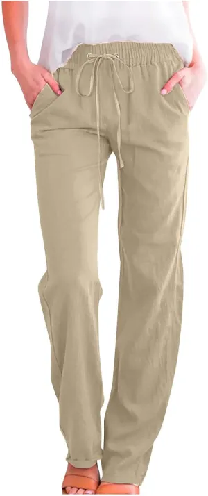Womens Casual Linen High Waist Pants Drawstring Straight Leg Beach Pants with Side Pocket Loose Fit Summer Trousers