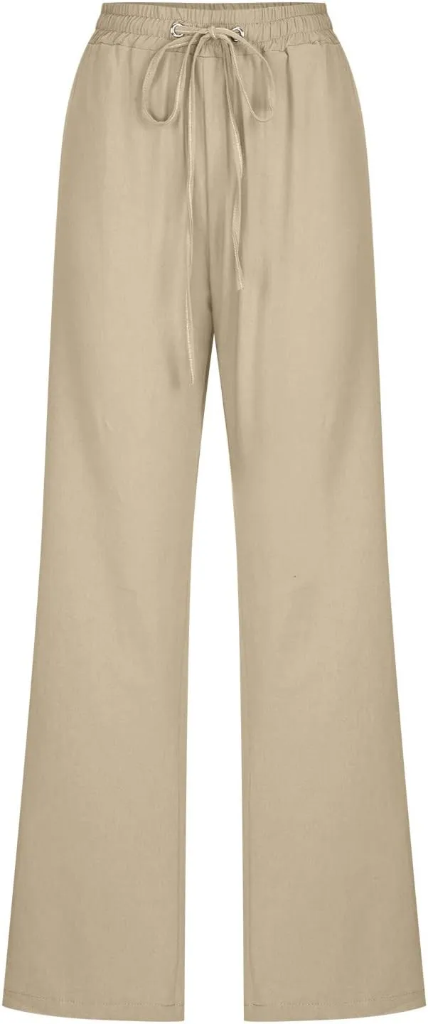 Womens Casual Linen High Waist Pants Drawstring Straight Leg Beach Pants with Side Pocket Loose Fit Summer Trousers