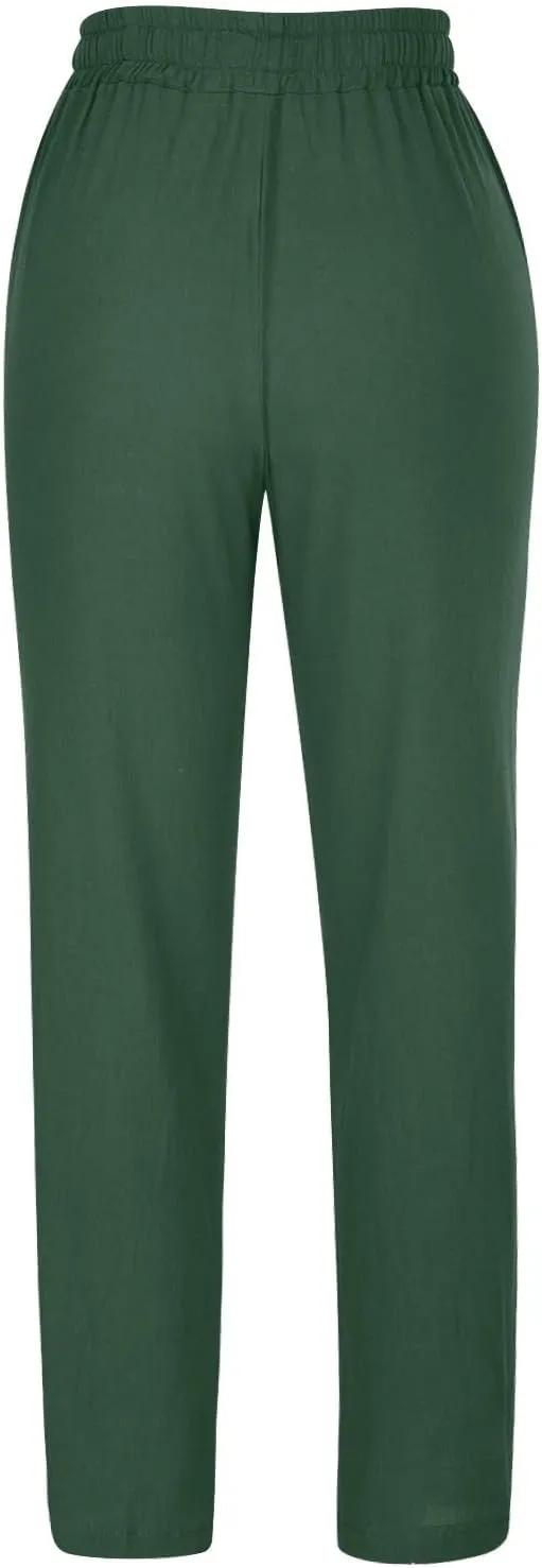 Womens Casual Linen High Waist Pants Drawstring Straight Leg Beach Pants with Side Pocket Loose Fit Summer Trousers