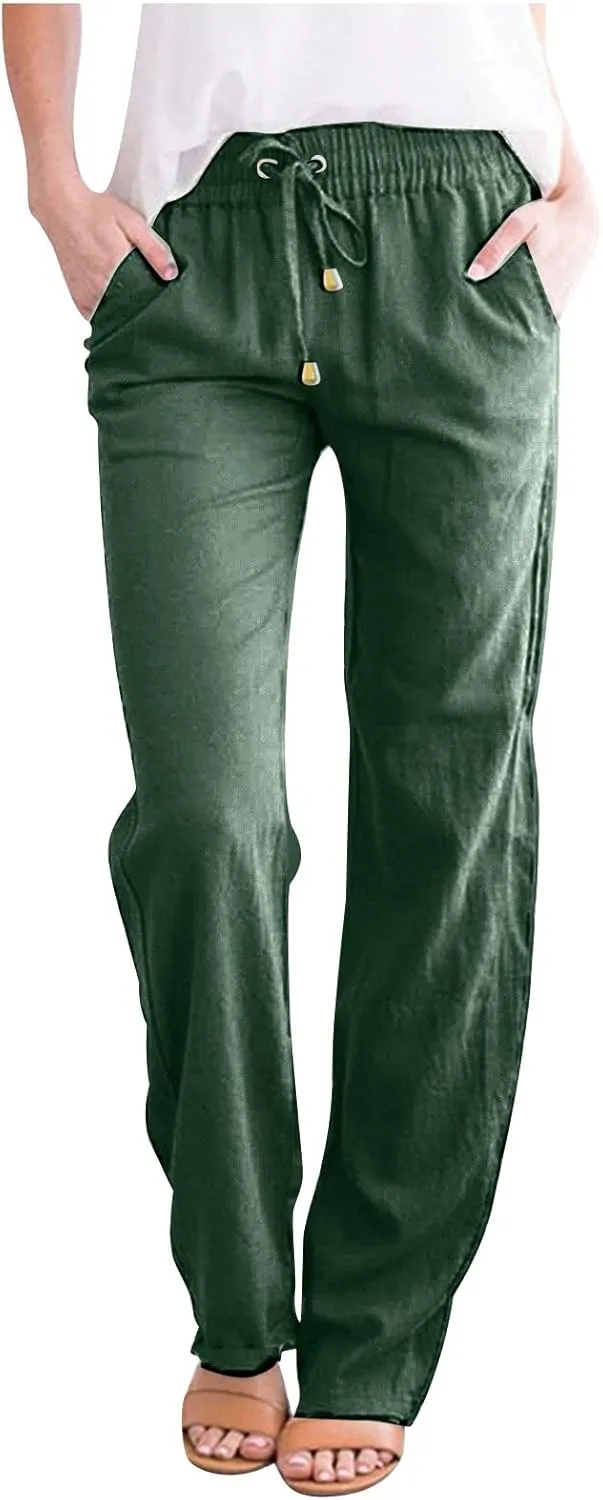 Womens Casual Linen High Waist Pants Drawstring Straight Leg Beach Pants with Side Pocket Loose Fit Summer Trousers