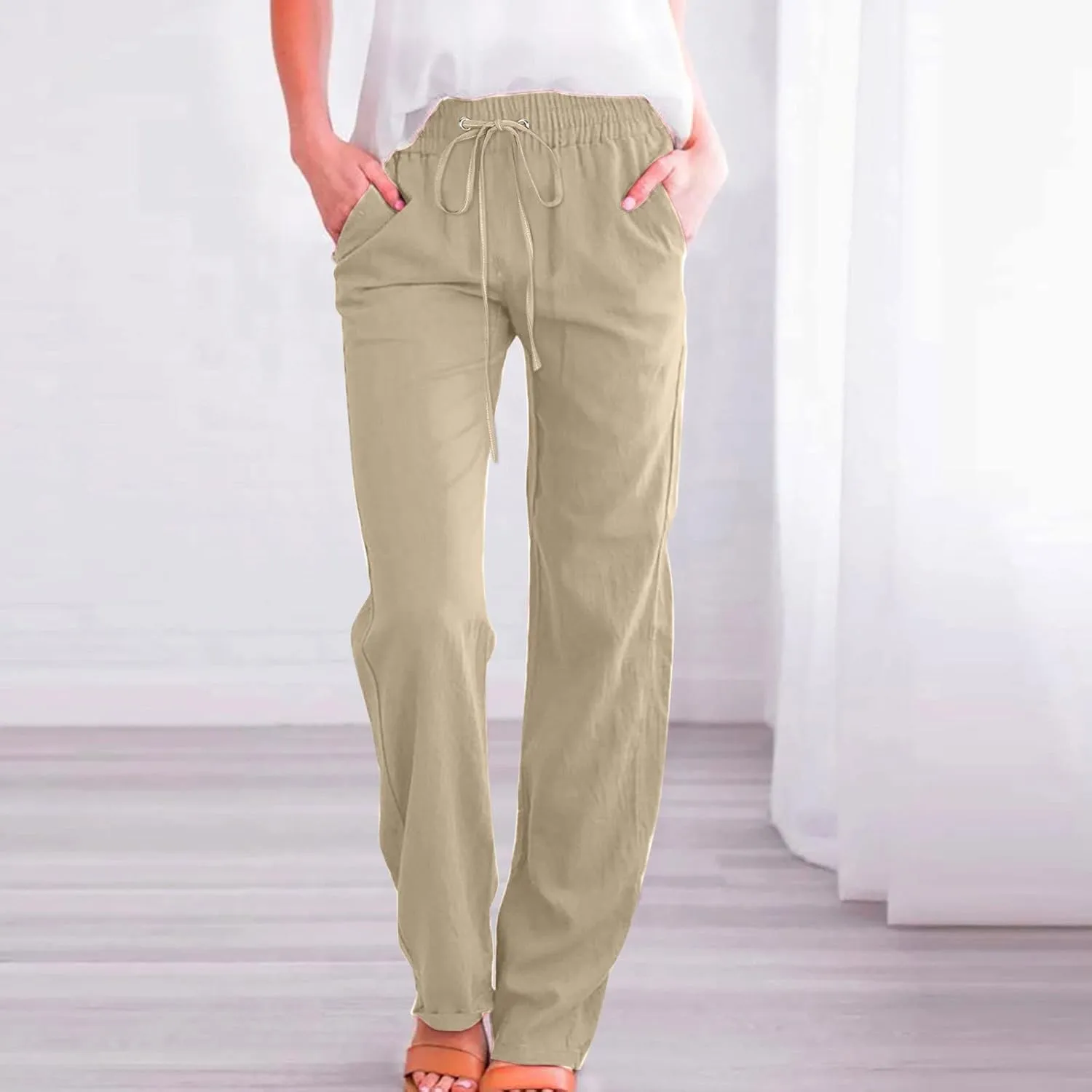 Womens Casual Linen High Waist Pants Drawstring Straight Leg Beach Pants with Side Pocket Loose Fit Summer Trousers