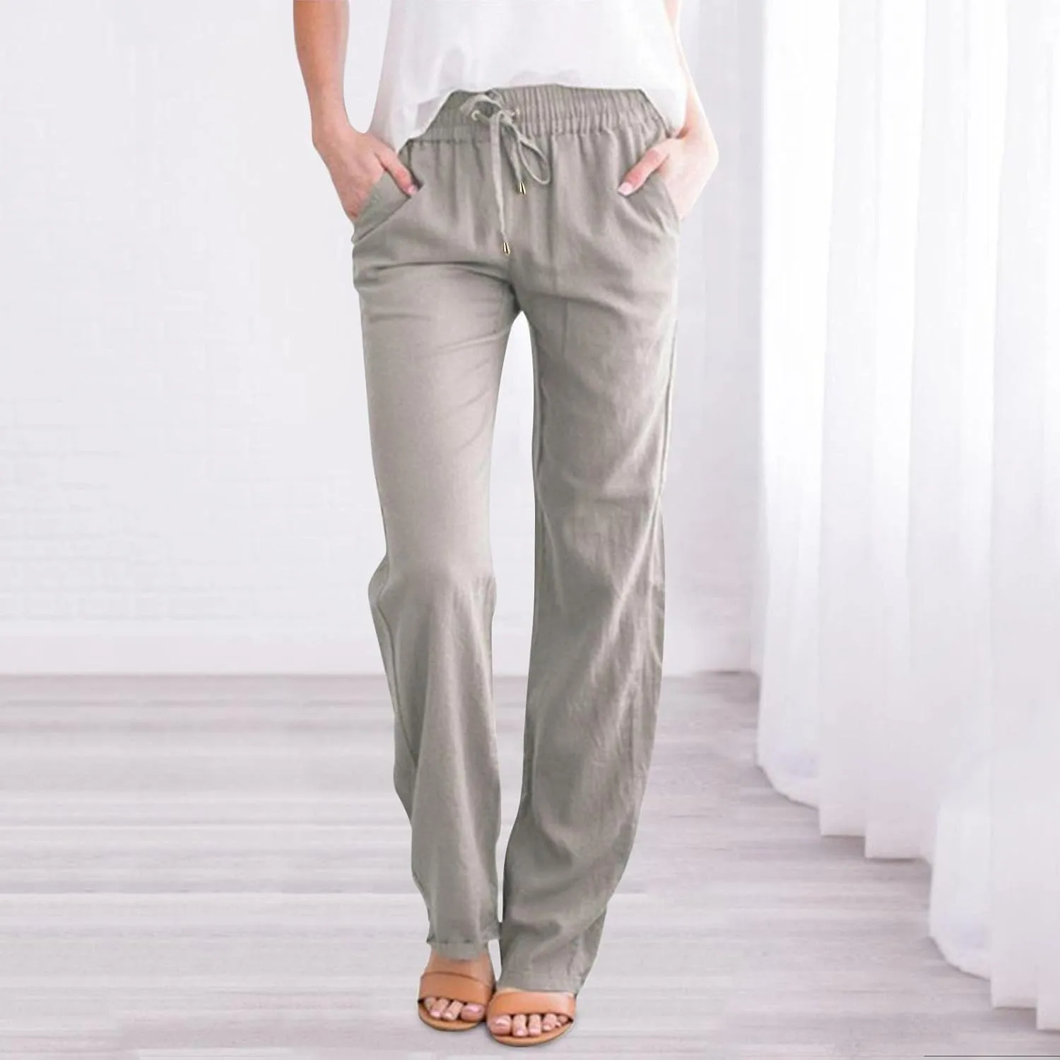 Womens Casual Linen High Waist Pants Straight Leg Drawstring Long Trouser Summer Loose Fit Pants with Pockets