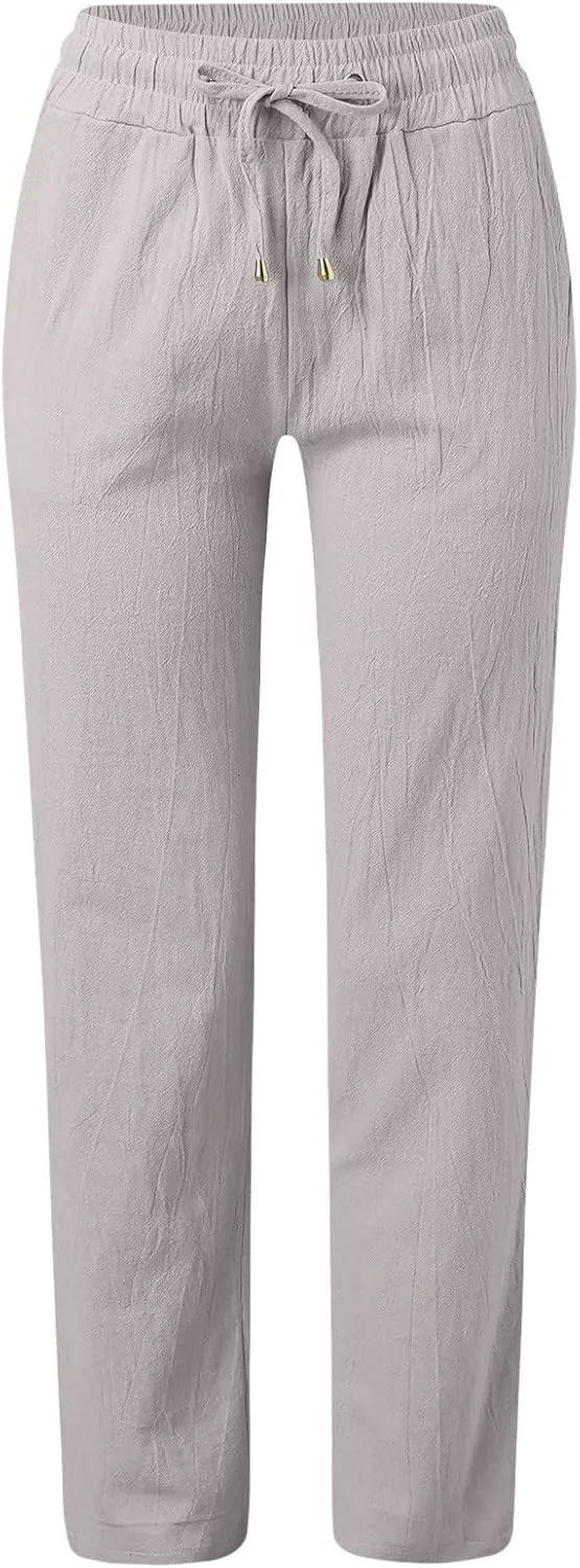 Womens Casual Linen High Waist Pants Straight Leg Drawstring Long Trouser Summer Loose Fit Pants with Pockets