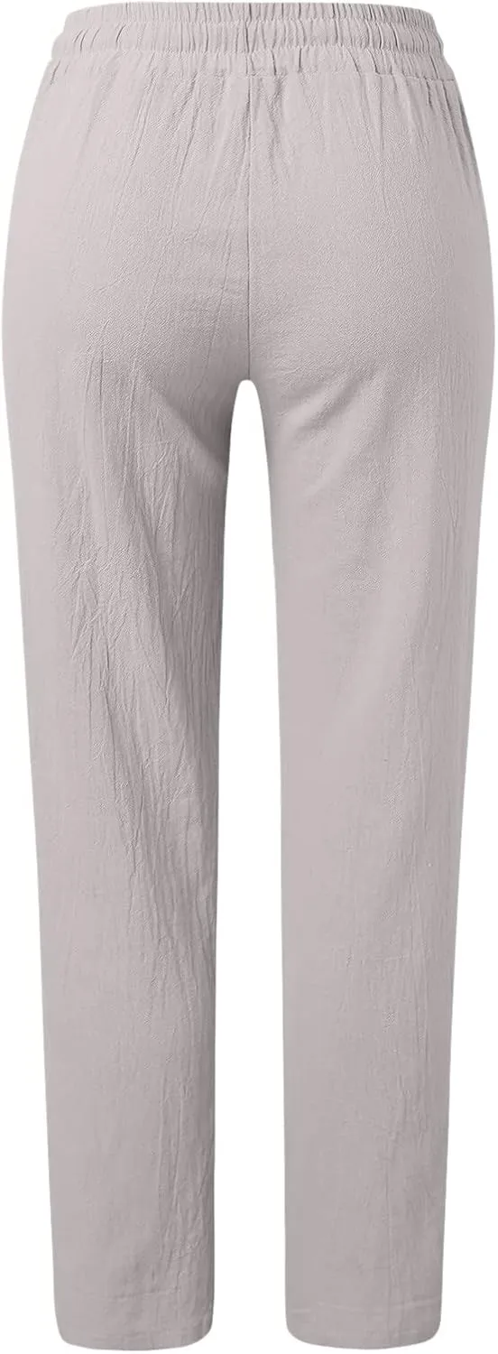 Womens Casual Linen High Waist Pants Straight Leg Drawstring Long Trouser Summer Loose Fit Pants with Pockets